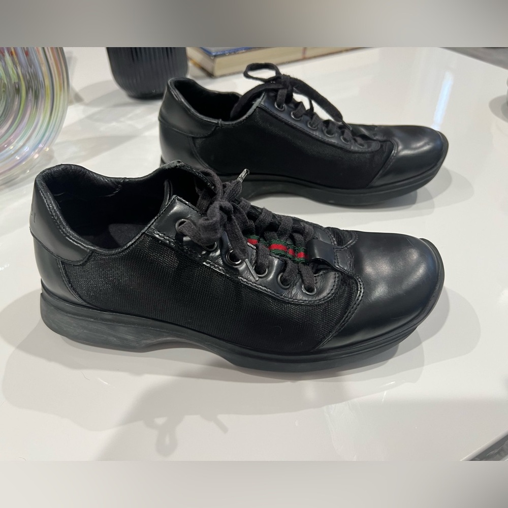 Vintage 90s Gucci Black Leather Nylon Laceup Sneakers Green/Red Stripe Y2K Women
